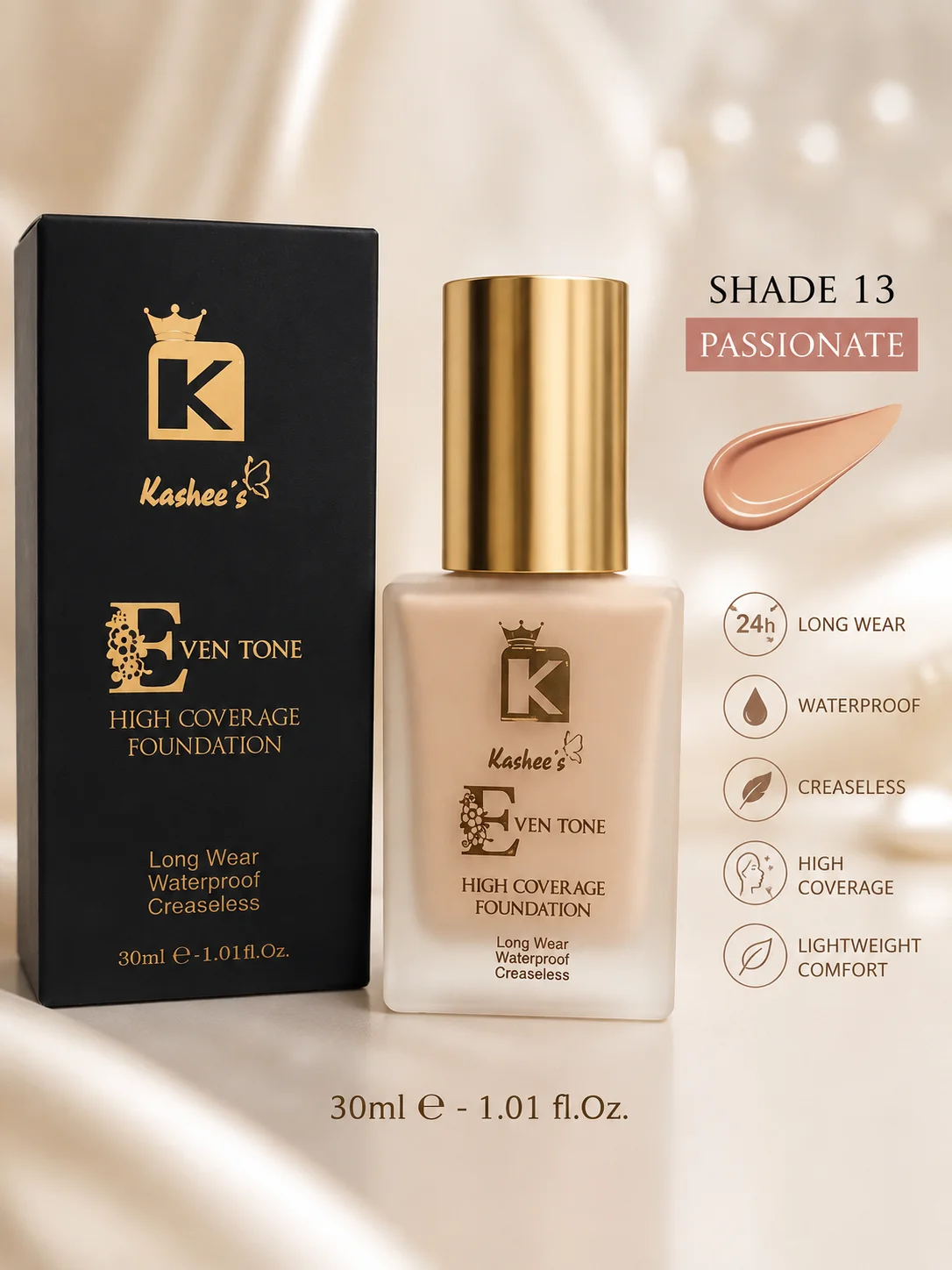 Kashee’s Even Tone High Coverage Foundation – Shade 13 Passionate – Long Wear & Waterproof – 30ml