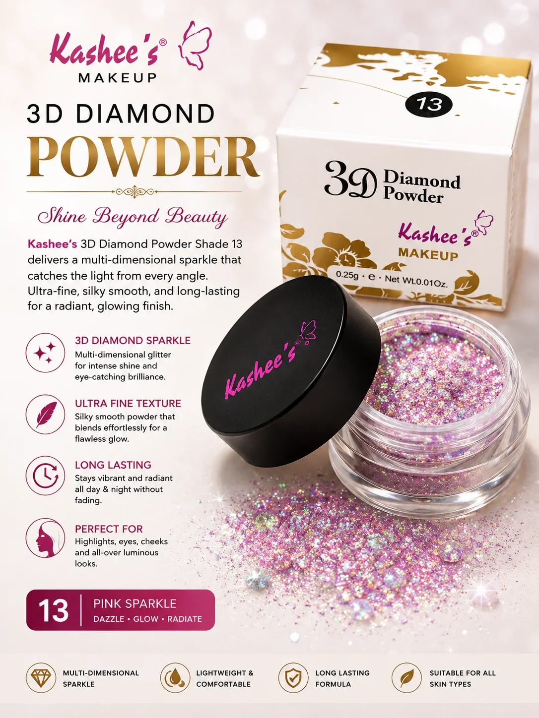 Kashee’s 3D Diamond Powder – Shade 13 Pink Sparkle