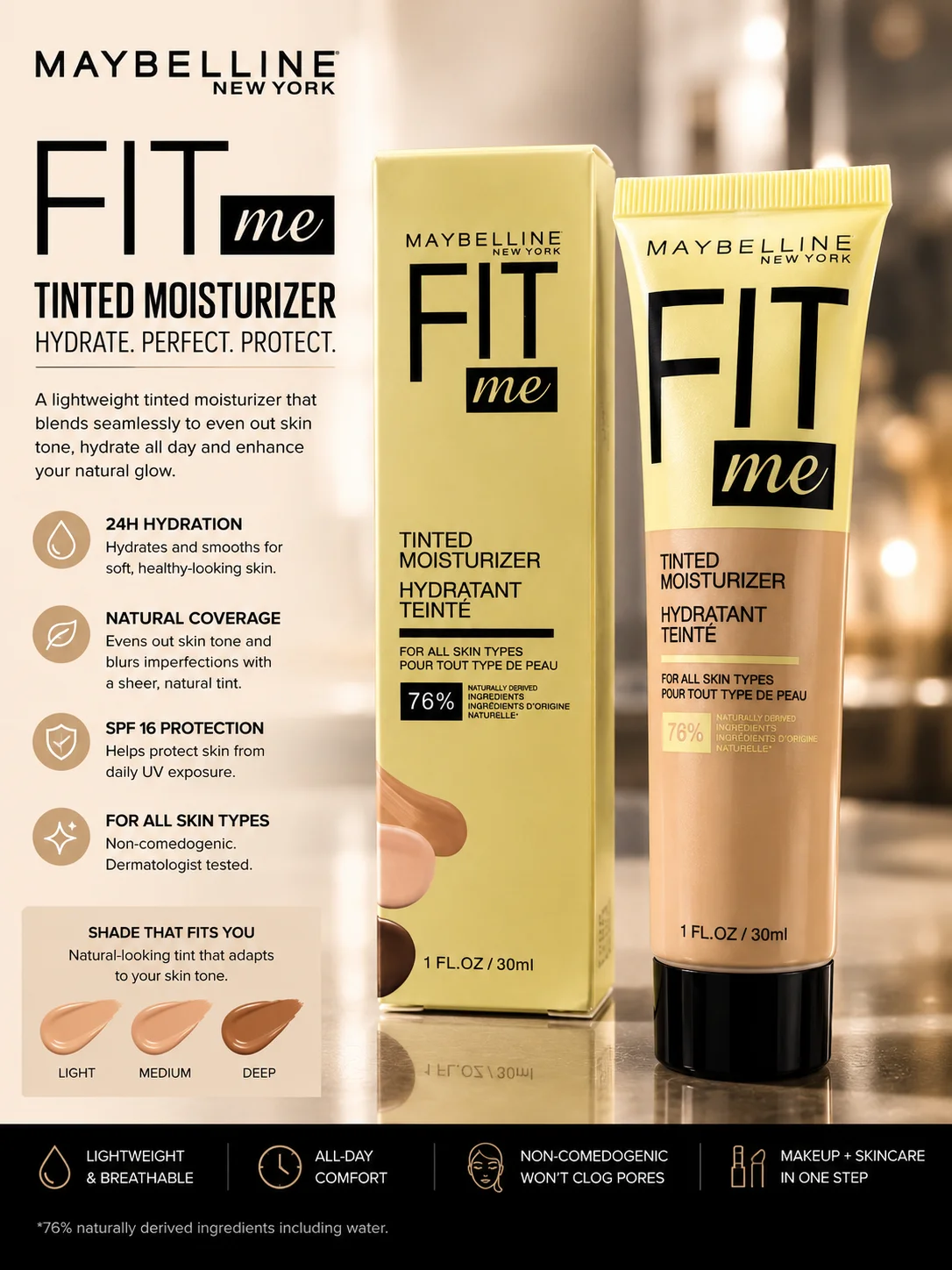 Maybelline Fit Me Tinted Moisturizer – Lightweight Hydrating Natural Coverage