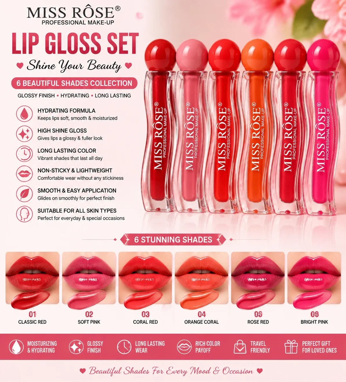 Miss Rose Professional Makeup Lip Gloss Set – 6 Beautiful Shades