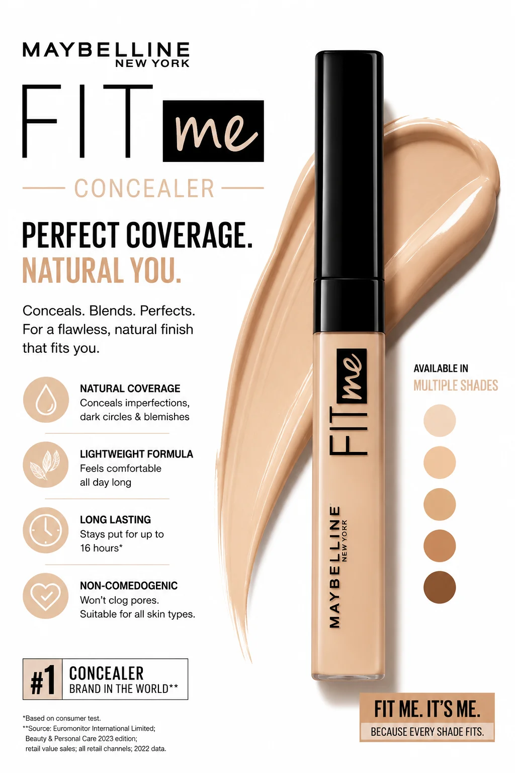 Maybelline New York Fit Me Concealer – Perfect Coverage, Natural You