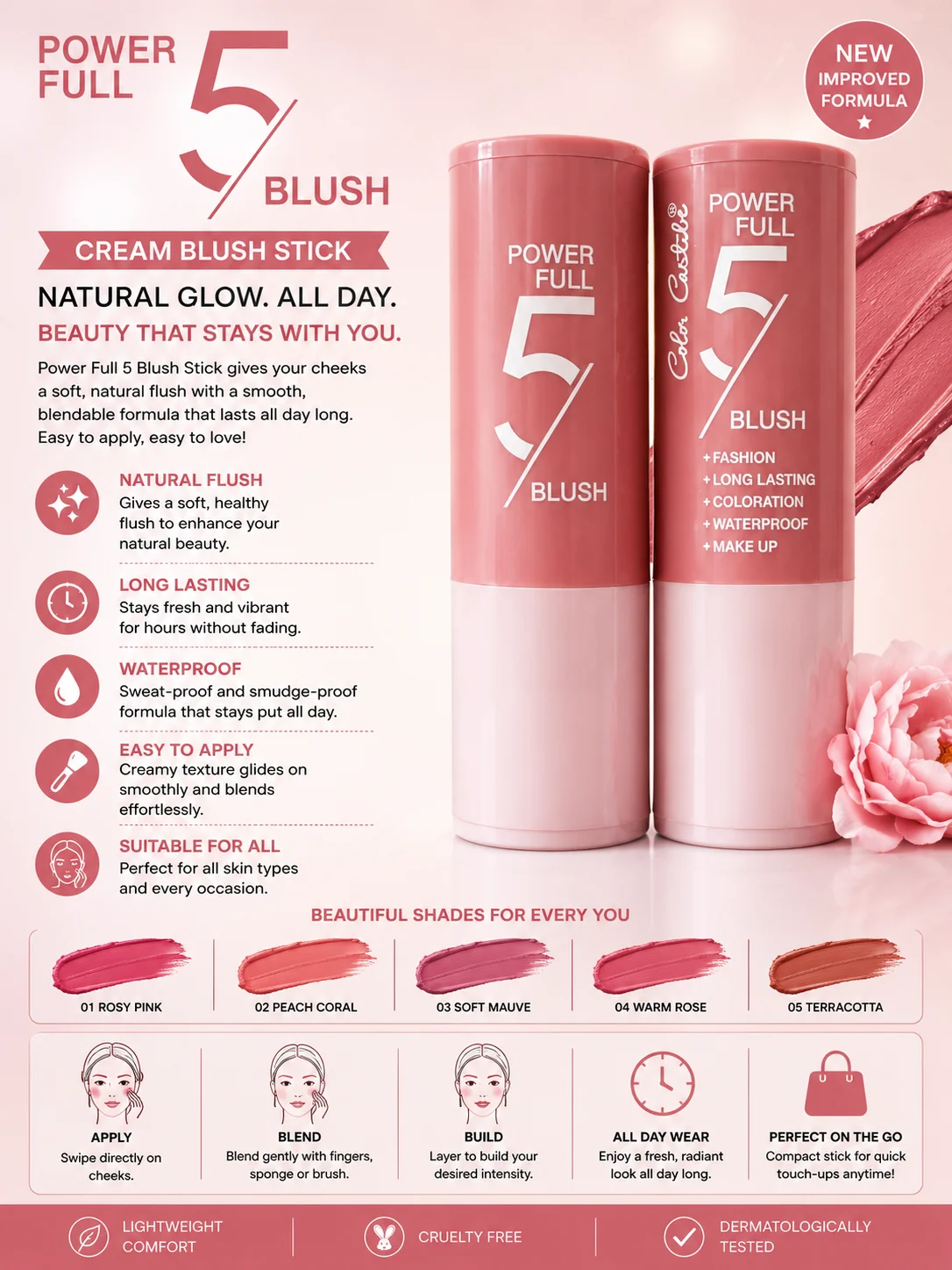 Power Full 5 Blush Stick – Long Lasting Waterproof Cream Blush