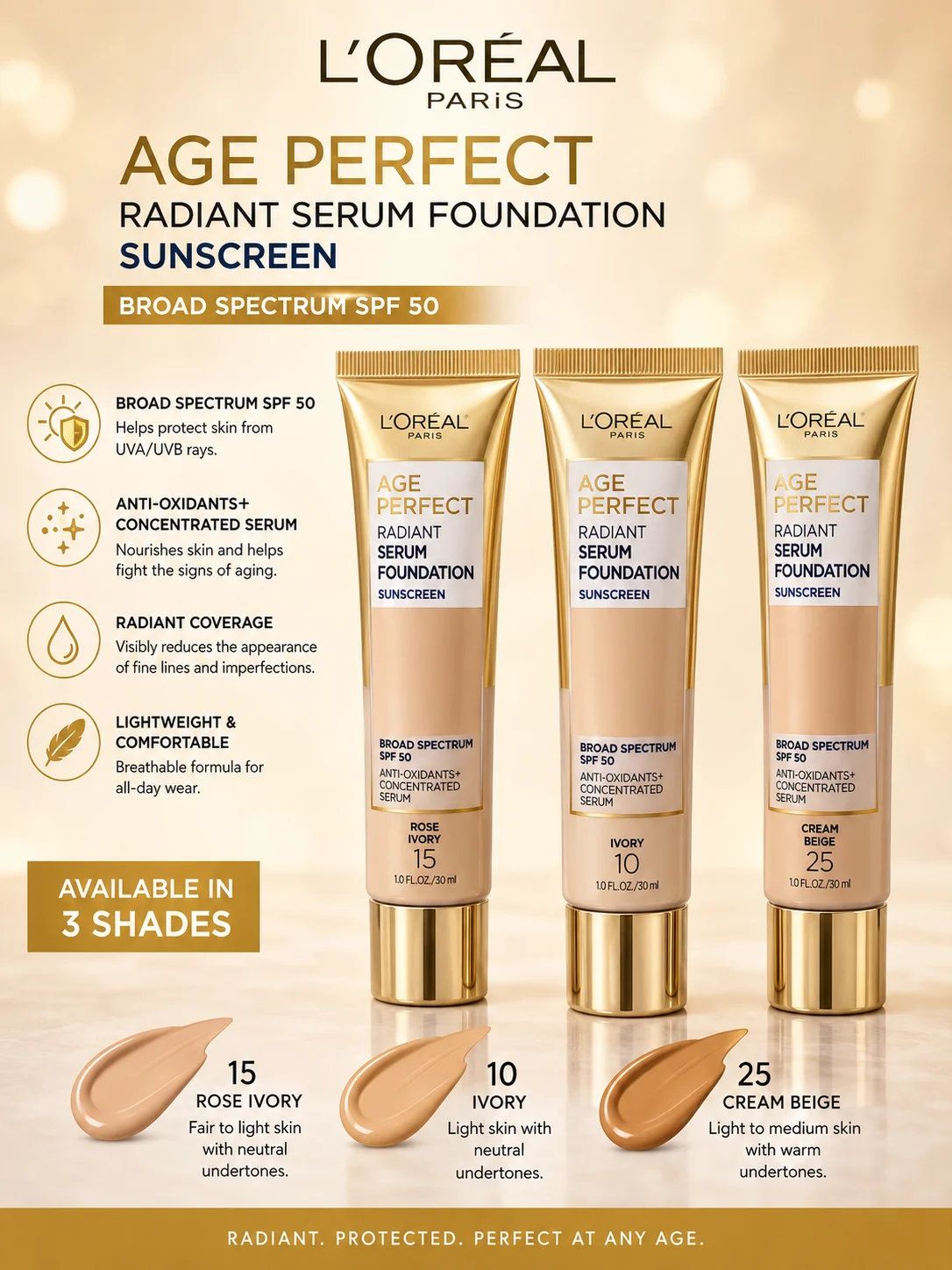 L’Oréal Paris Age Perfect Radiant Serum Foundation SPF 50 – Shades 10, 15 & 25