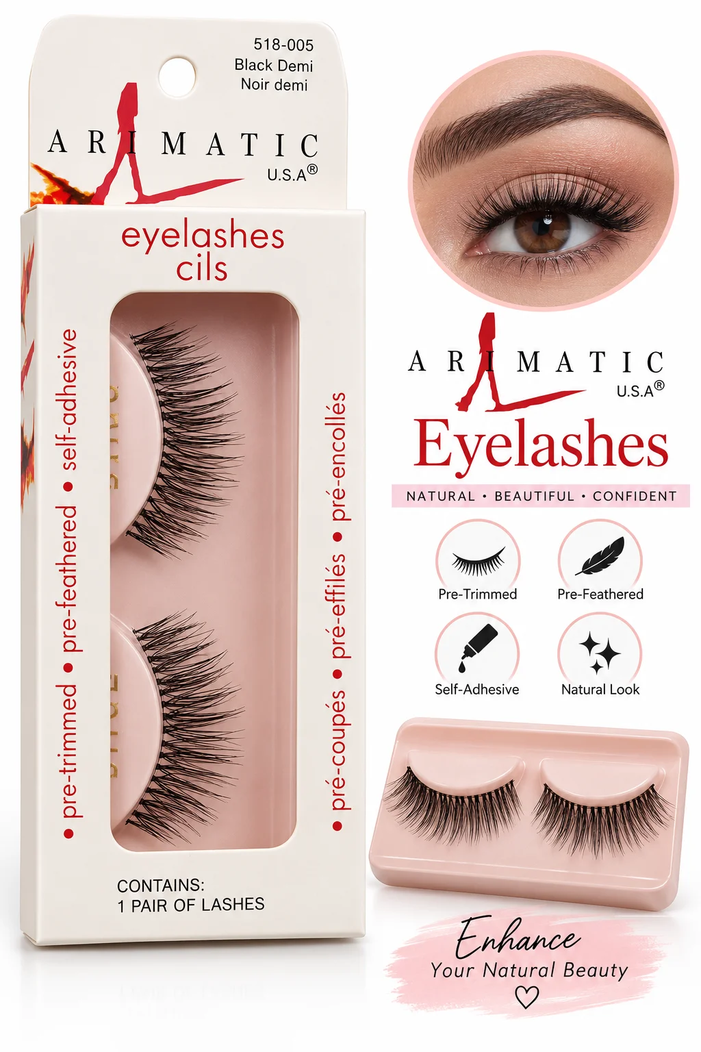 Arimatic U.S.A Black Demi Self-Adhesive False Eyelashes 518-005 – 1 Pair
