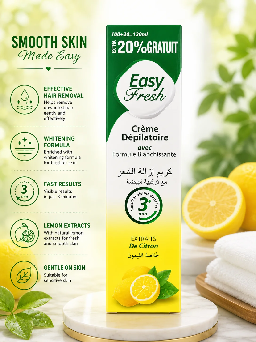 Easy Fresh Hair Removal Cream with Lemon Extract – Whitening Formula | 120ml (20% Extra Free)
