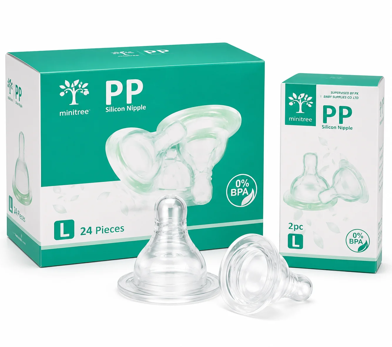 Minitree PP Silicone Baby Bottle Nipples (2 PCS - Large Flow L) | BPA Free | Soft Feeding Teats