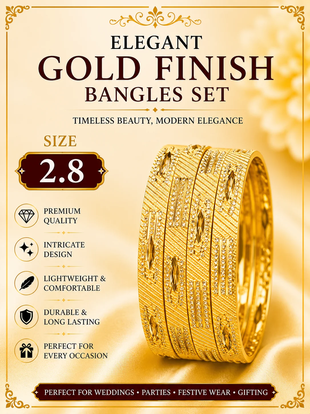 Elegant Gold Finish Bangles Set – Size 2.6/2.8