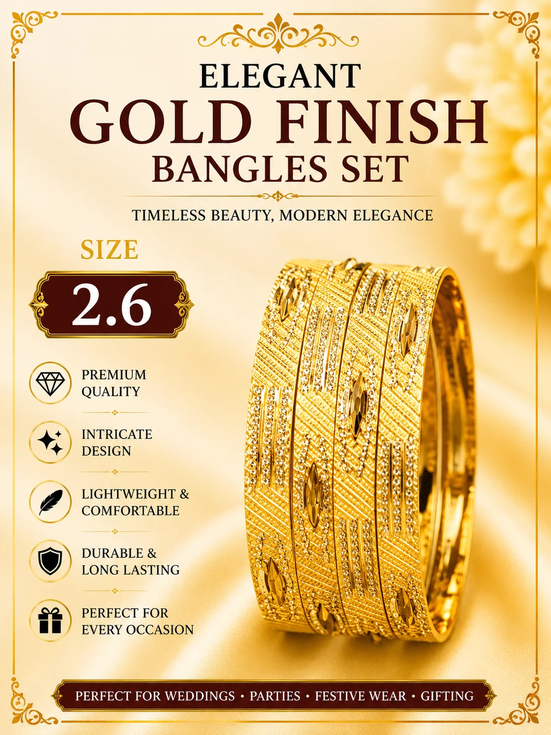Elegant Gold Finish Bangles Set – Size 2.6/2.8