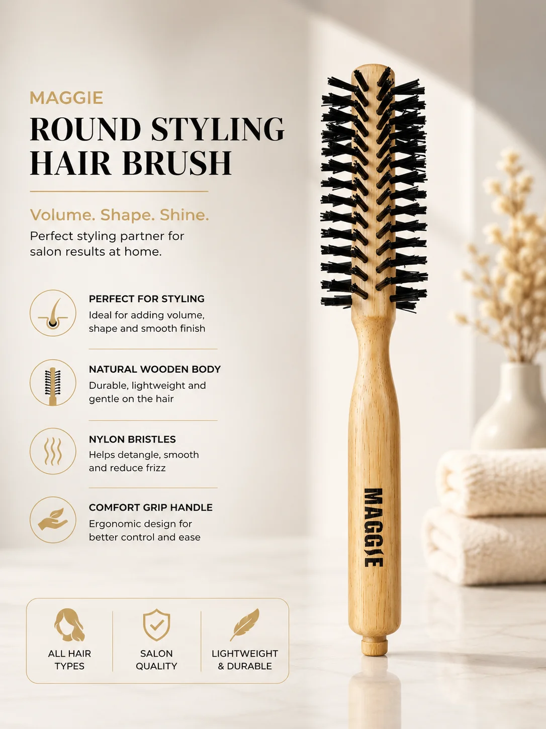 MAGGIE Wooden Round Styling Hair Brush – Professional Volume & Blow Dry Brush