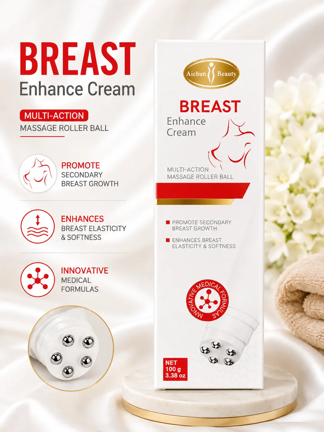 Aichun Beauty Breast Enhance Cream with Multi-Action Massage Roller Ball – 100g