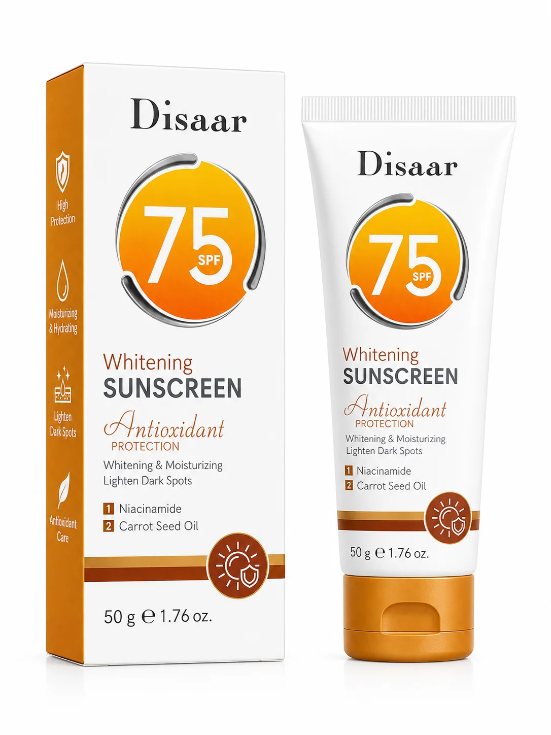 Disaar SPF 75 Whitening Sunscreen – Antioxidant UV Protection with Niacinamide | 50g