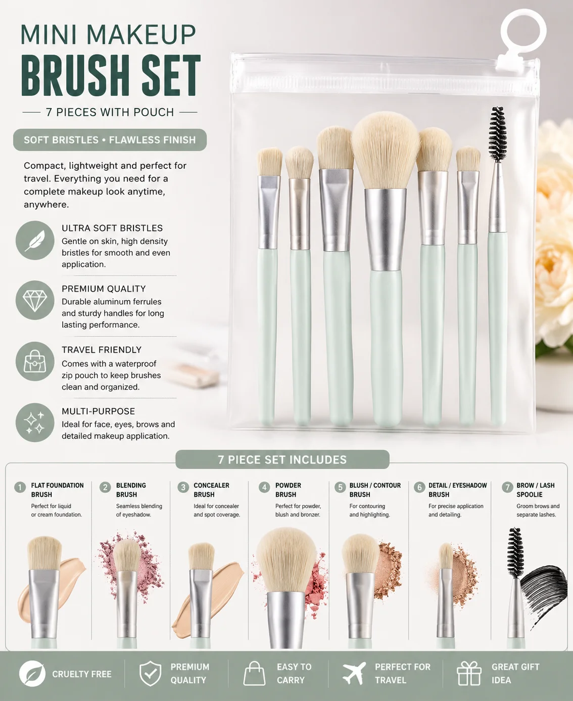 Mini Makeup Brush Set with Travel Pouch – Soft Face & Eye Cosmetic Brushes | 7 Pieces