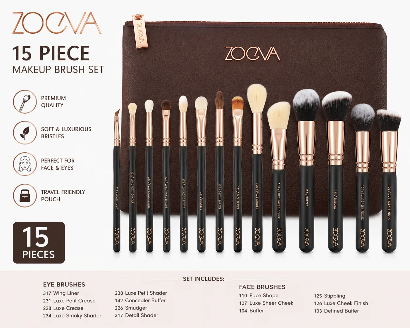 ZOEVA Professional Makeup Brush Set with Premium Pouch – Soft Face & Eye Brushes | 15 Pieces