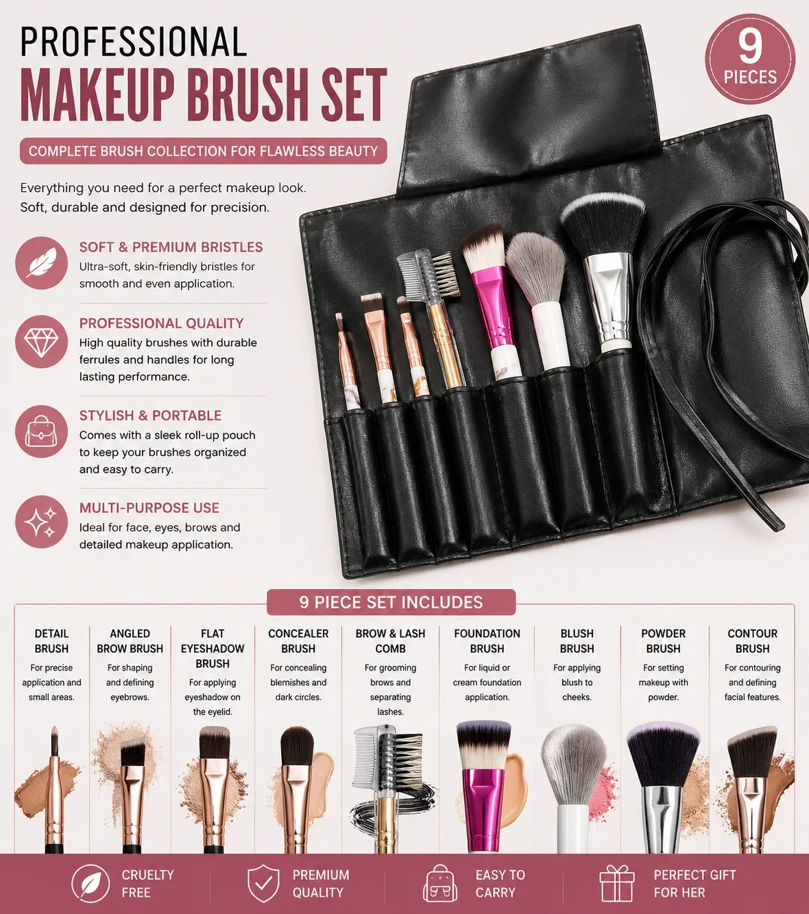 Professional Makeup Brush Set with Roll-Up Pouch – Soft Face & Eye Brushes | 9 Pieces