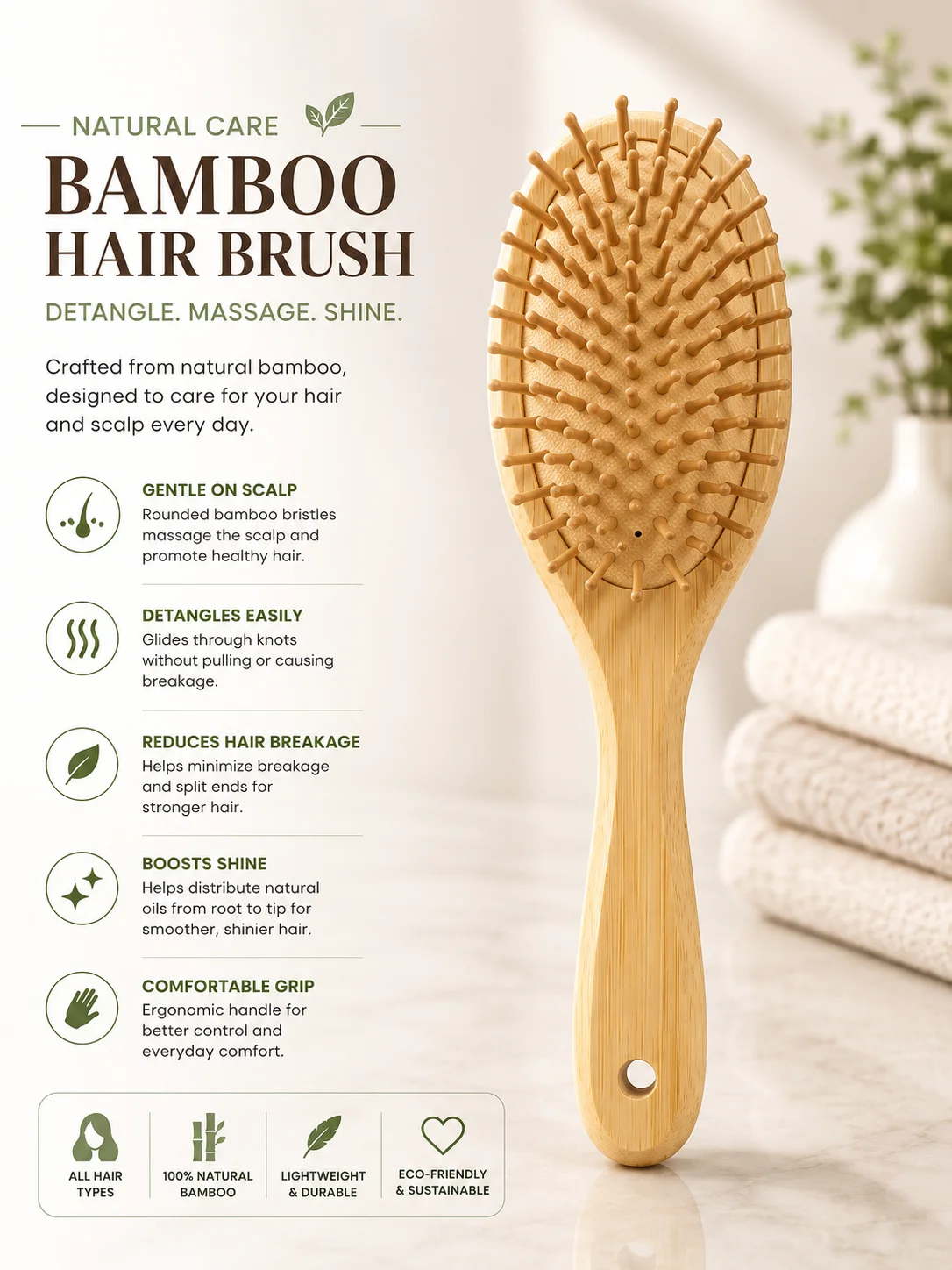 Natural Bamboo Hair Brush – Eco-Friendly Detangling & Scalp Massage Brush
