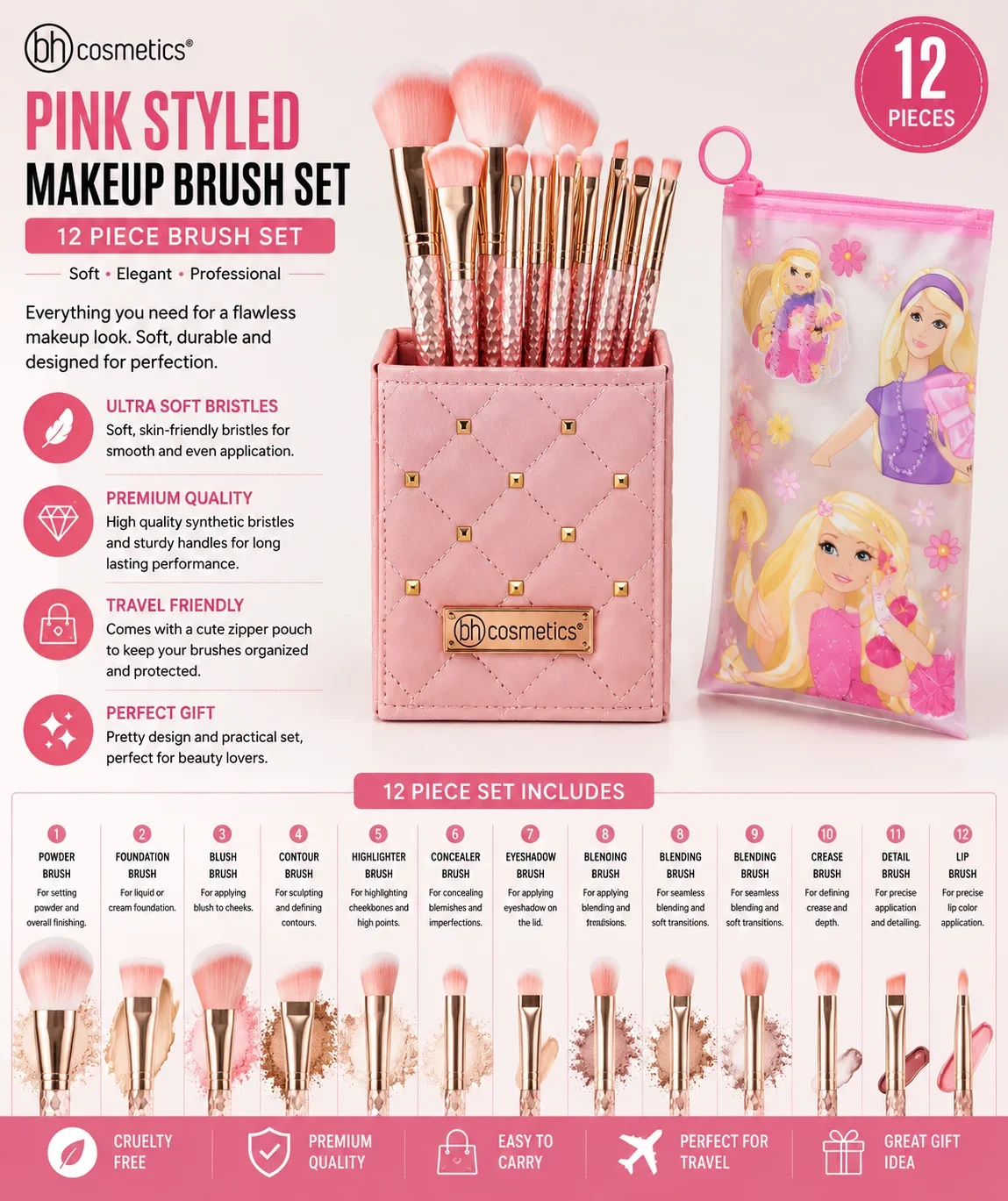 Princess Pink Makeup Brush Set – 5 Pieces with Cute Travel Pouch