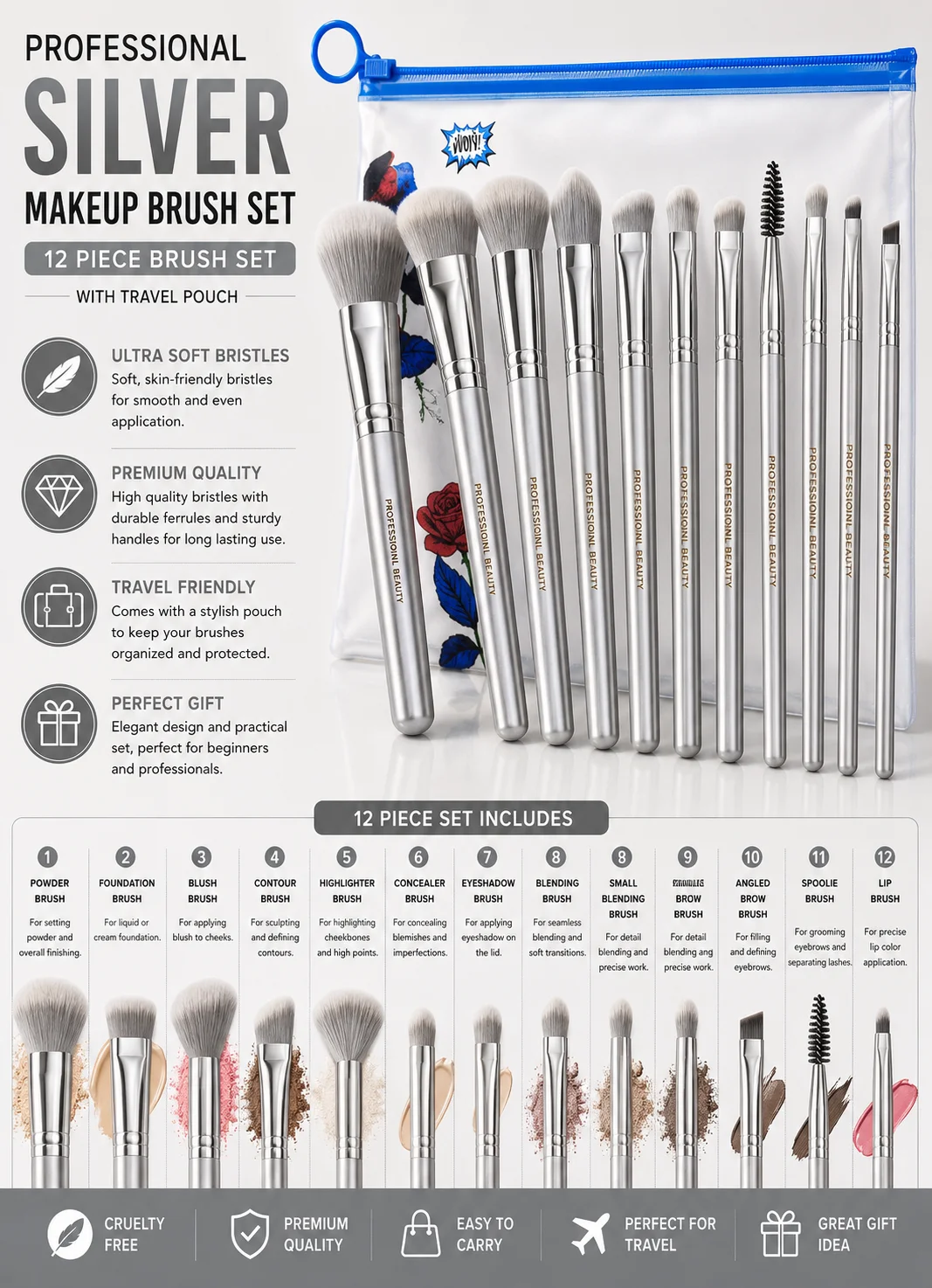 Professional Silver Makeup Brush Set – 12 Pieces with Travel Pouch