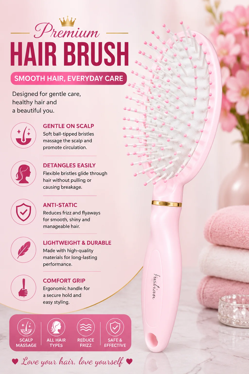 Premium Pink Paddle Hair Brush – Soft Detangling & Scalp Massage Brush