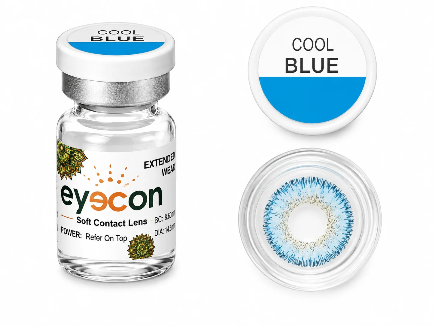 Eyecon Soft Contact Lenses – Green, Violet Plano & Cool Blue | 3 Colors