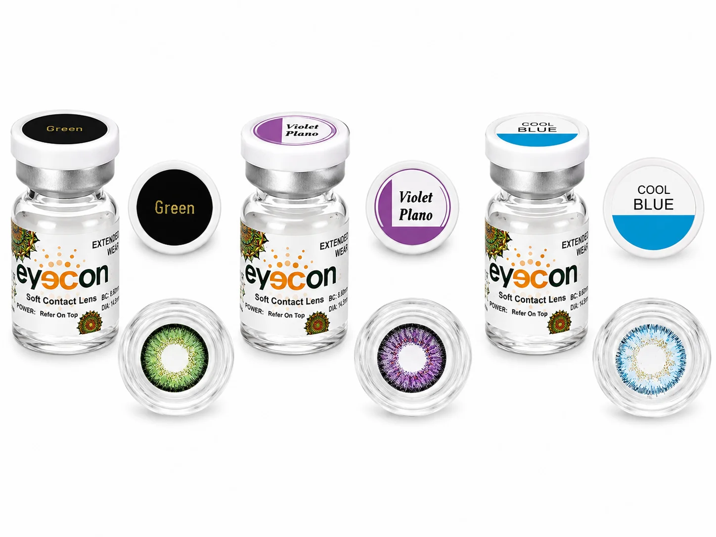 Eyecon Soft Contact Lenses – Green, Violet Plano & Cool Blue | 3 Colors