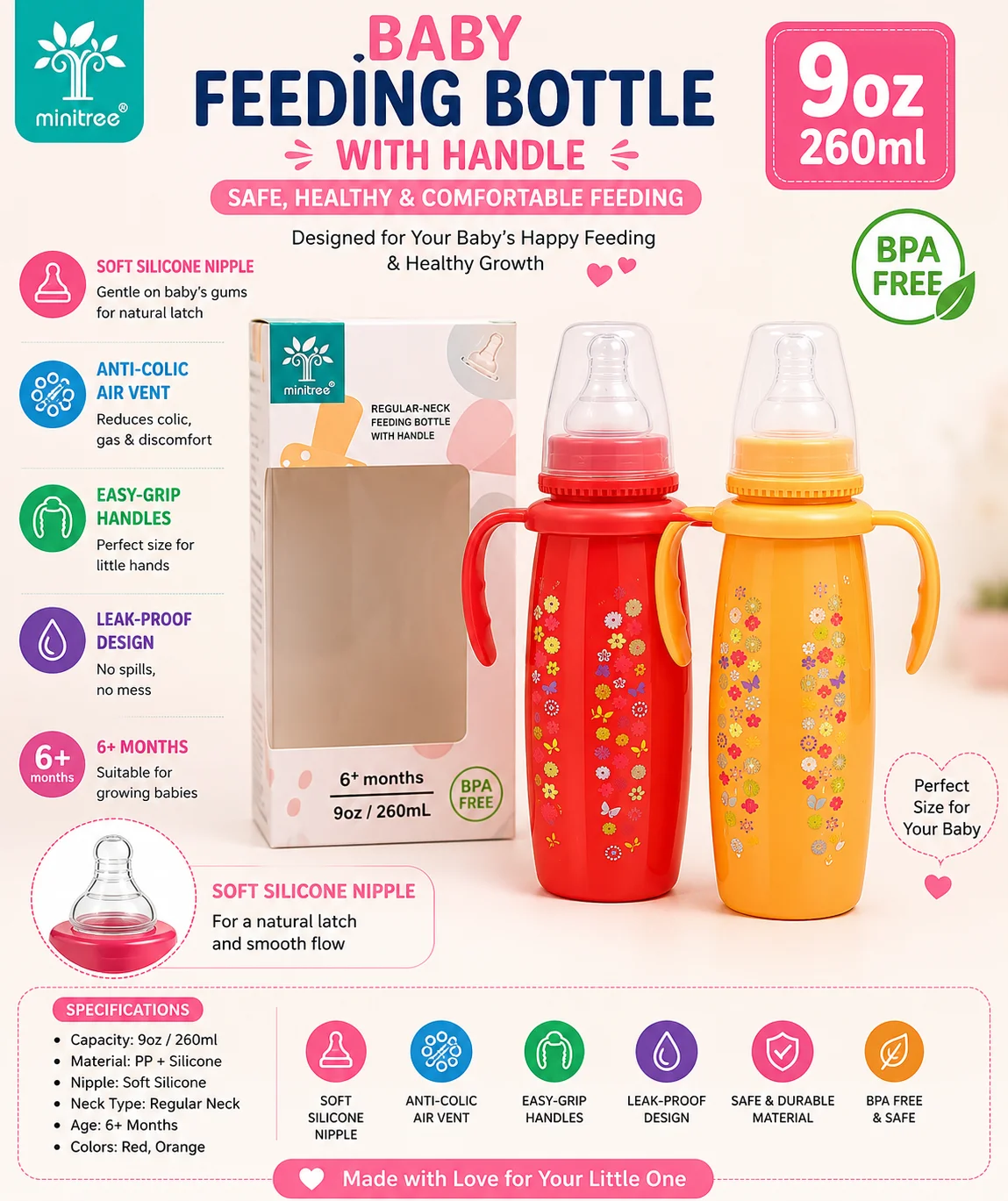 Minitree Baby Feeding Bottle 260ml (9oz) – BPA Free PP Feeding Bottle
