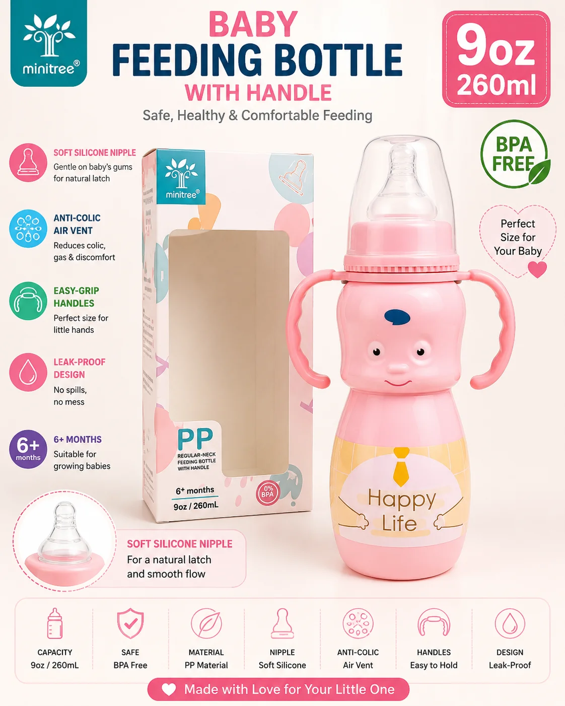 Minitree Baby Feeding Bottle 260ml (9oz) – BPA Free PP Bottle