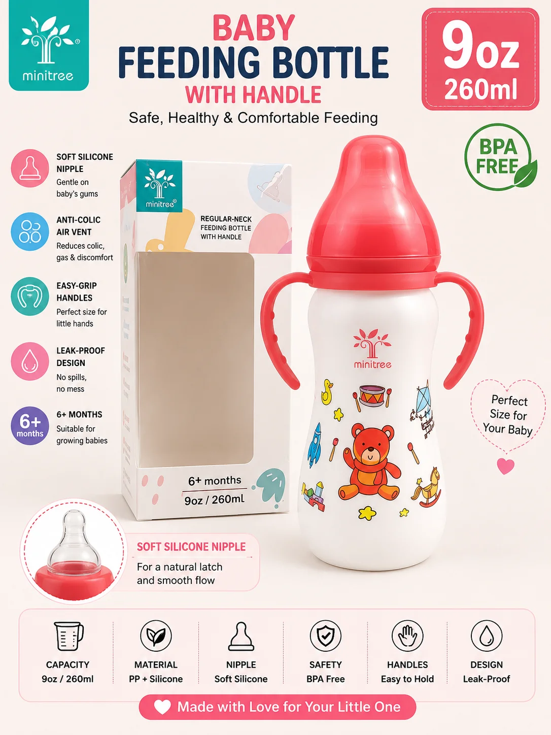 Minitree Baby Feeding Bottle 260ml (9oz) – BPA Free PP Feeding Bottle