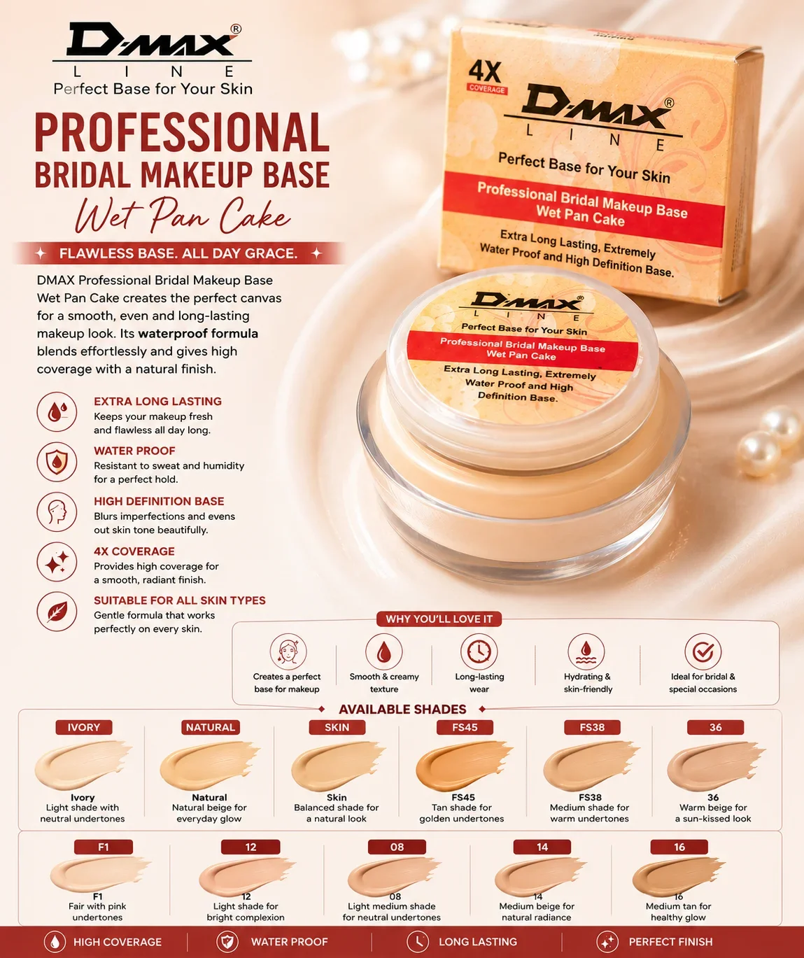 DMAX Line Professional Bridal Makeup Base – Full Coverage Wet Pan Cake