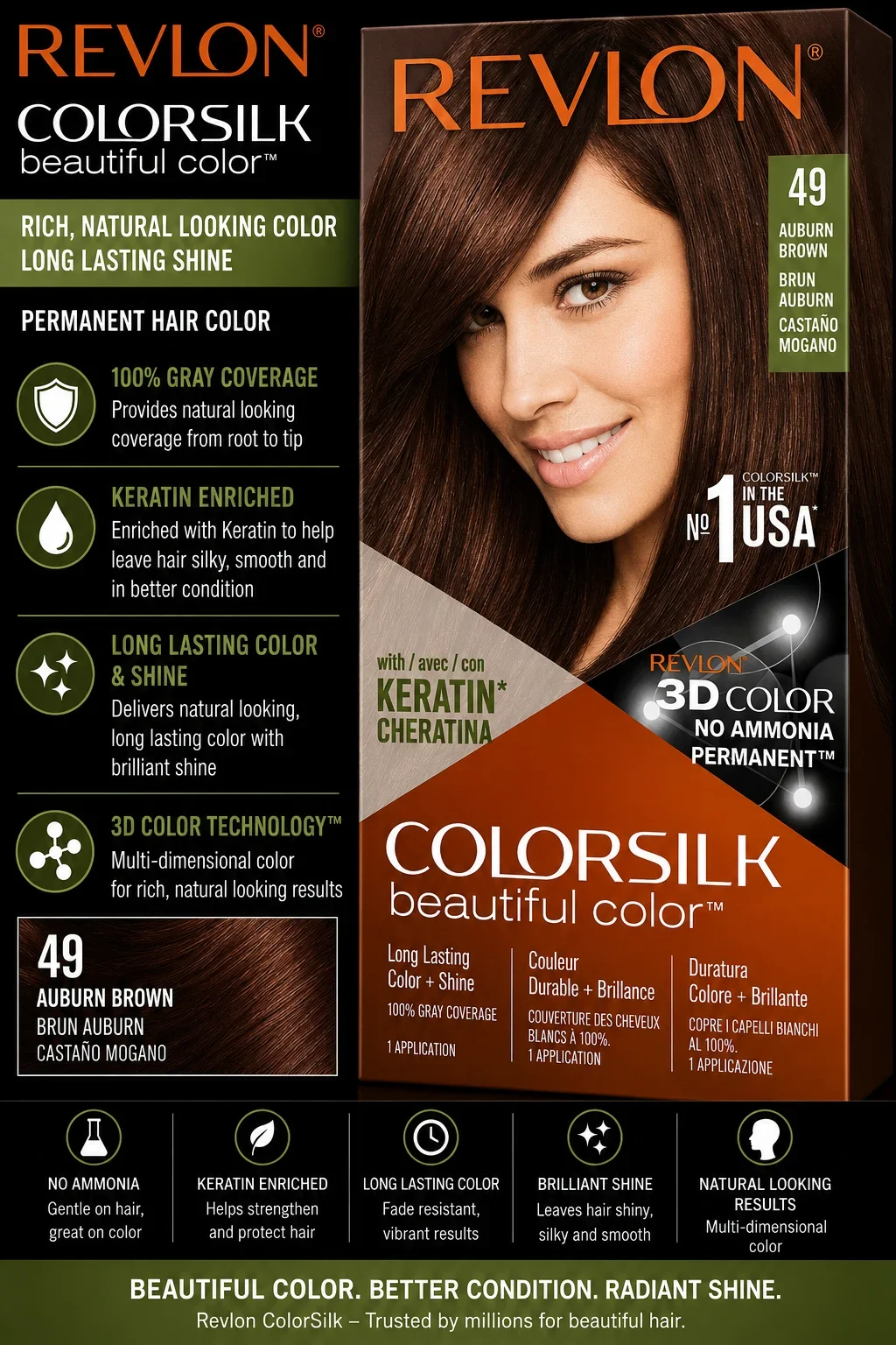 Revlon ColorSilk Beautiful Color Hair Dye 49 – Auburn Brown