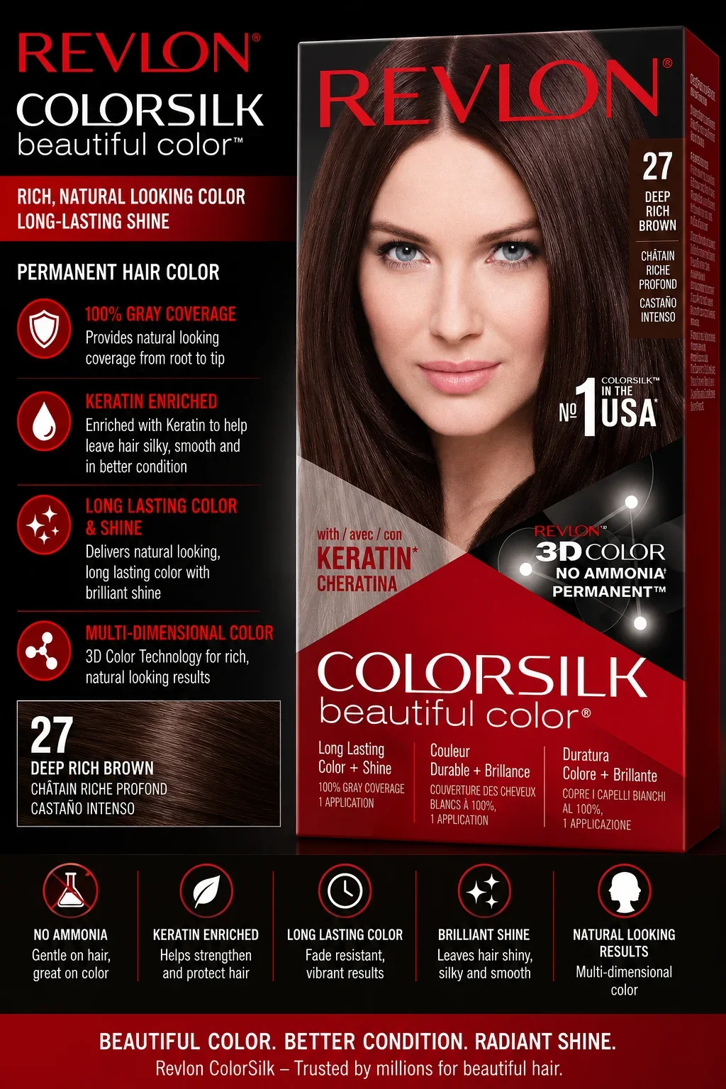 Revlon ColorSilk Beautiful Color Hair Dye 27 Deep Rich Brown