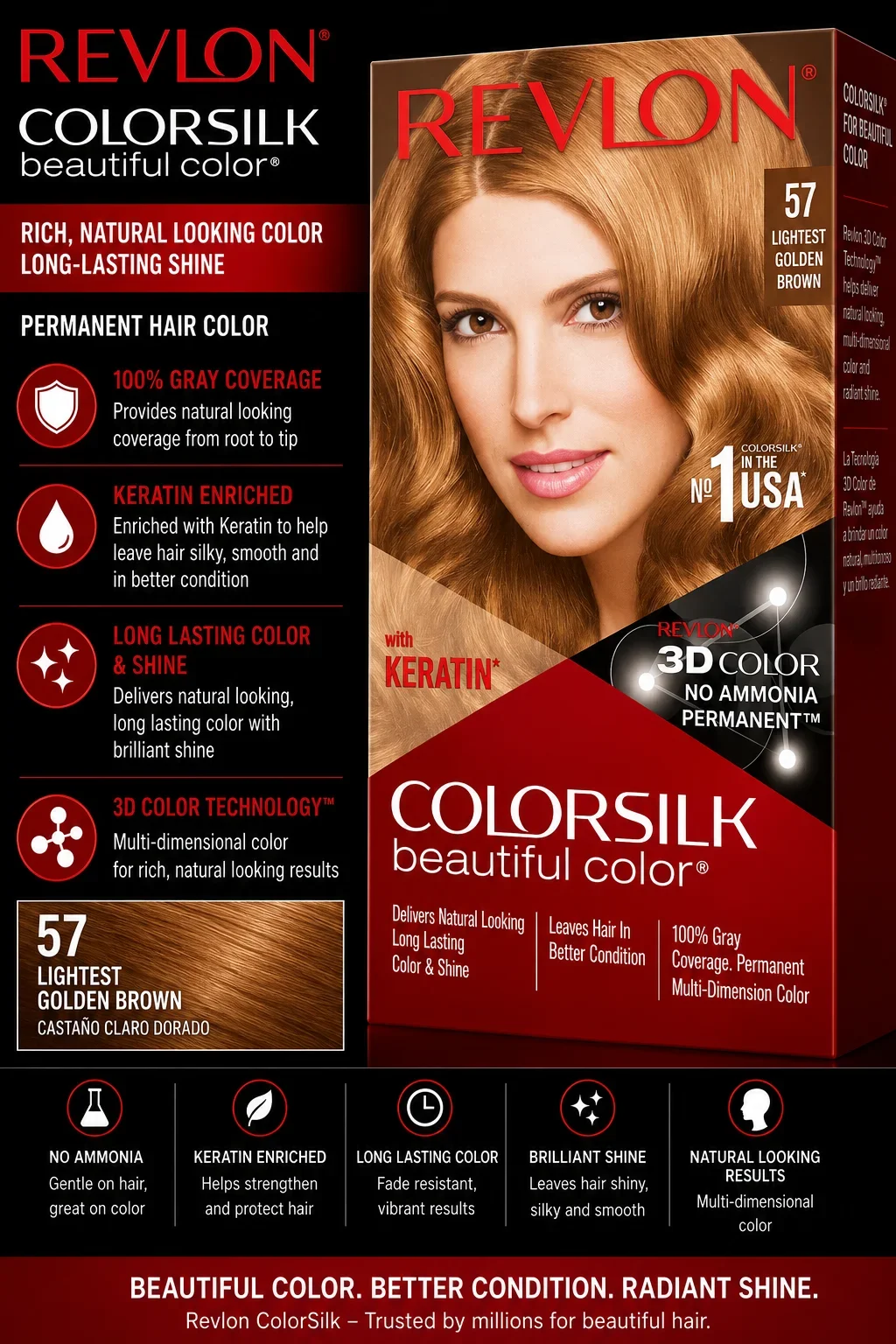 Revlon ColorSilk Beautiful Color 57 Lightest Golden Brown Hair Dye