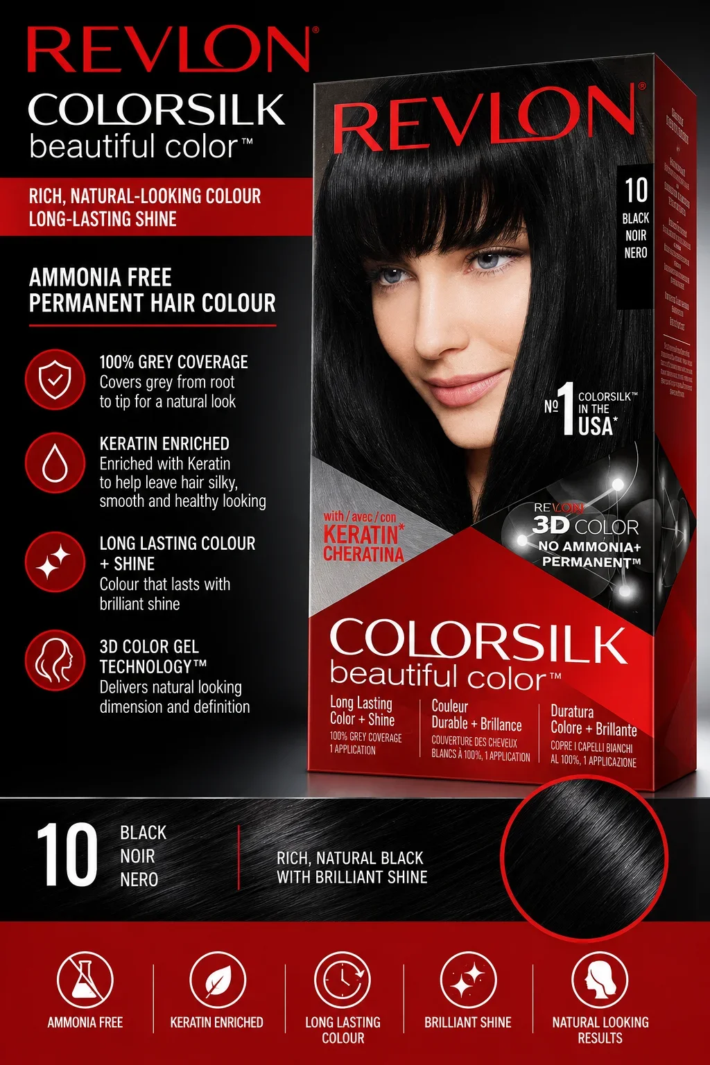 Revlon ColorSilk Beautiful Color Hair Dye – Shade 10 Black Noir Nero