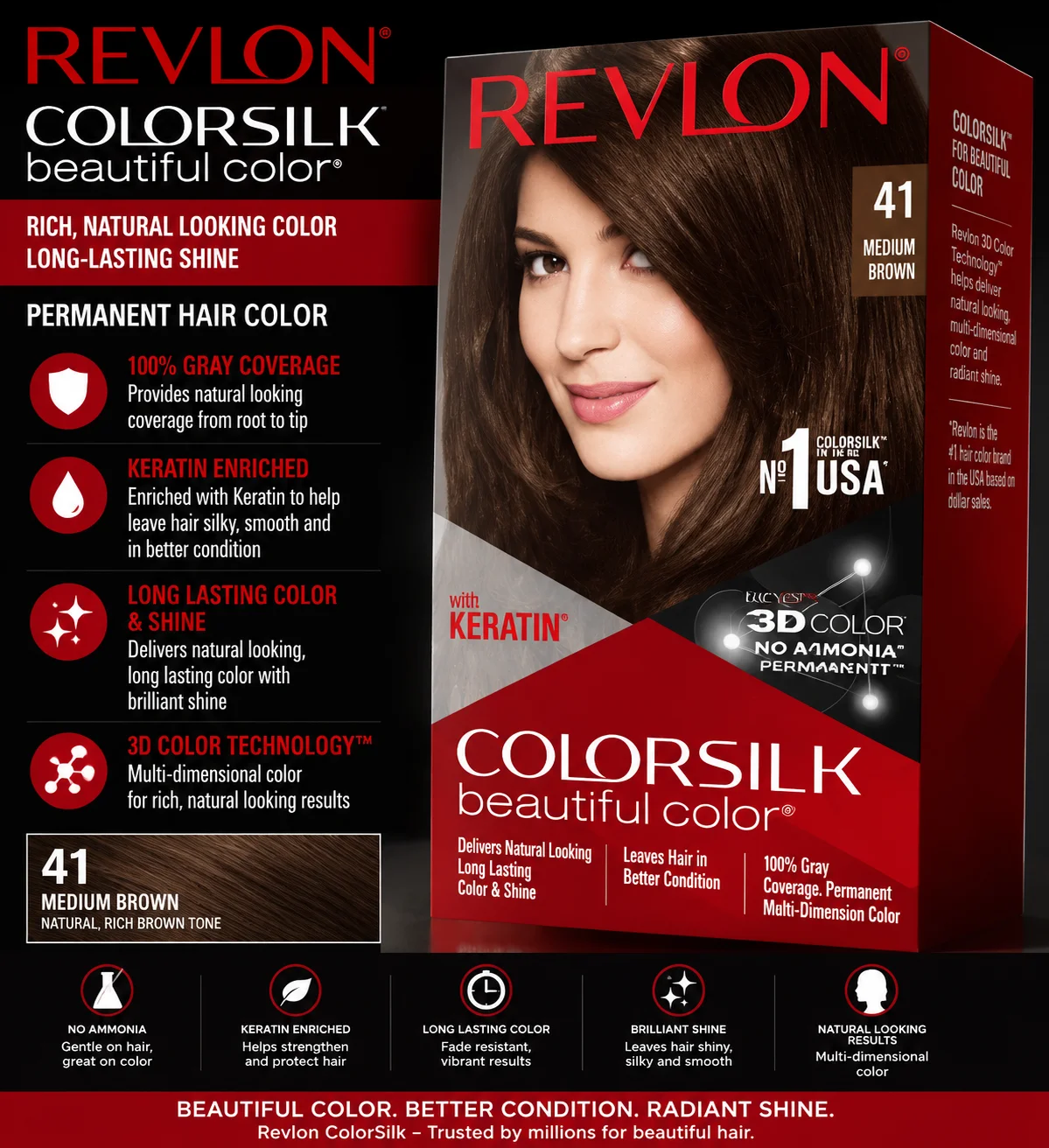 Revlon ColorSilk Beautiful Color Hair Dye 41 Medium Brown