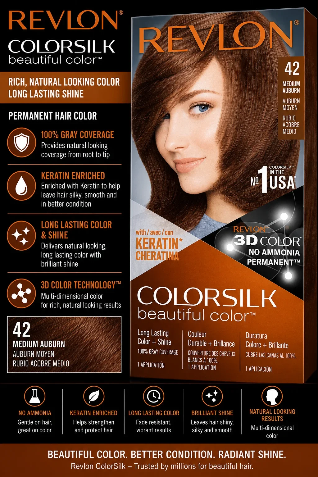 Revlon ColorSilk Beautiful Color Hair Dye 42 – Medium Auburn