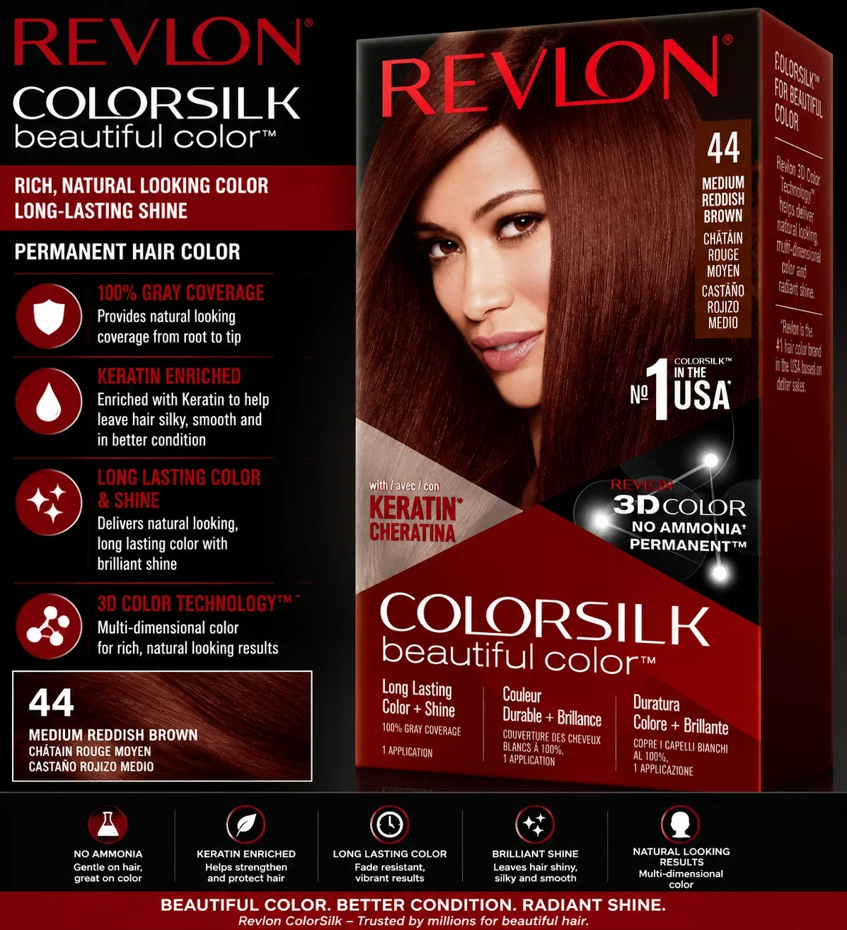 Revlon ColorSilk Beautiful Color Hair Dye 44 Medium Reddish Brown