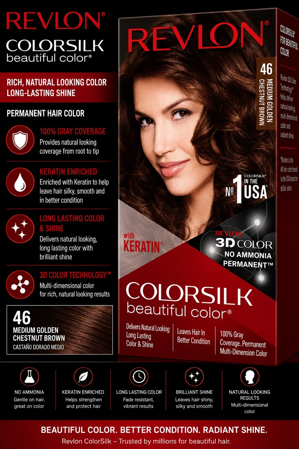 Revlon ColorSilk Beautiful Color 46 Medium Golden Chestnut Brown Hair Dye
