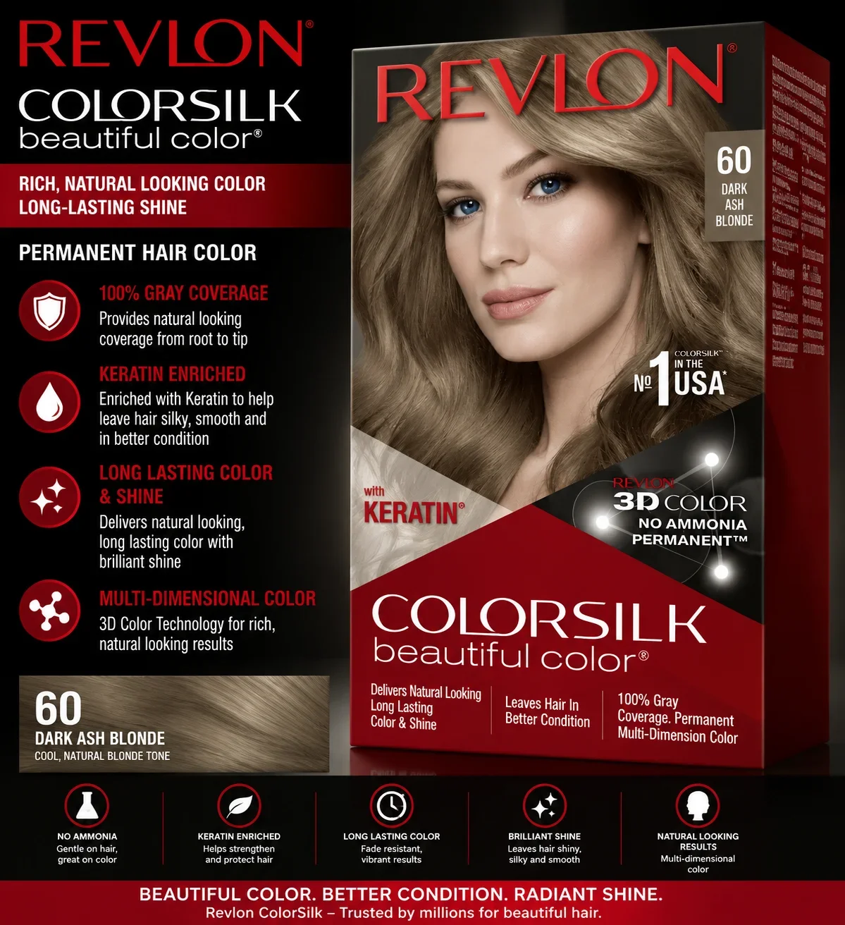 Revlon ColorSilk Beautiful Color Hair Dye 60 Dark Ash Blonde