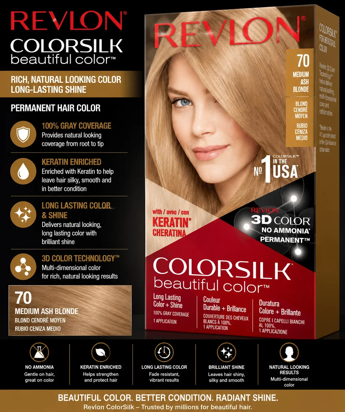 Revlon ColorSilk Beautiful Color 70 Medium Ash Blonde