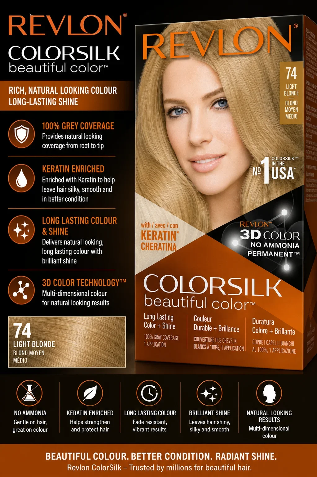 Revlon ColorSilk Beautiful Color Hair Dye 74 Medium Blonde