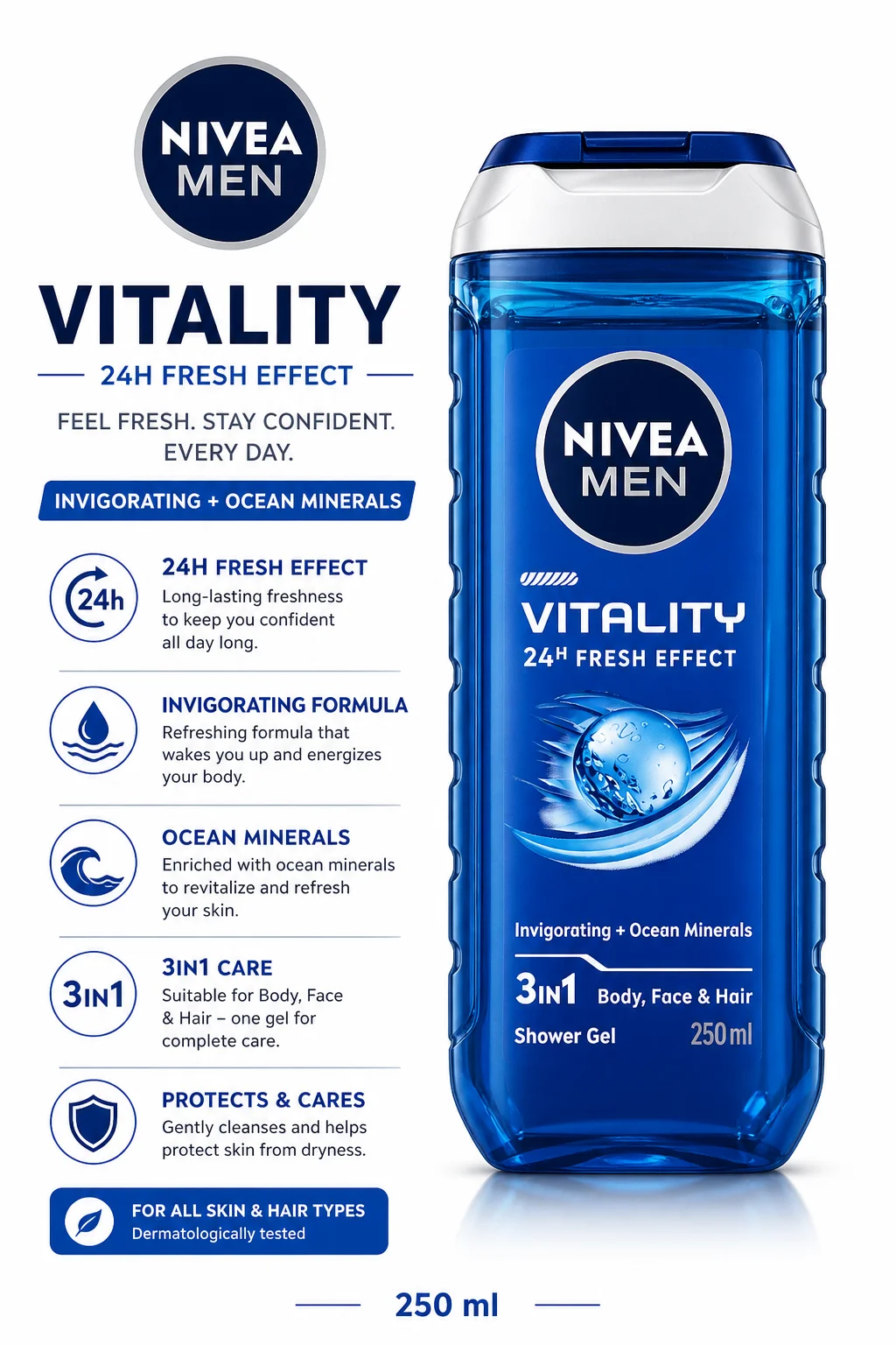 NIVEA MEN Vitality 3-in-1 Shower Gel – 24H Fresh Effect | Ocean Minerals | 250ml