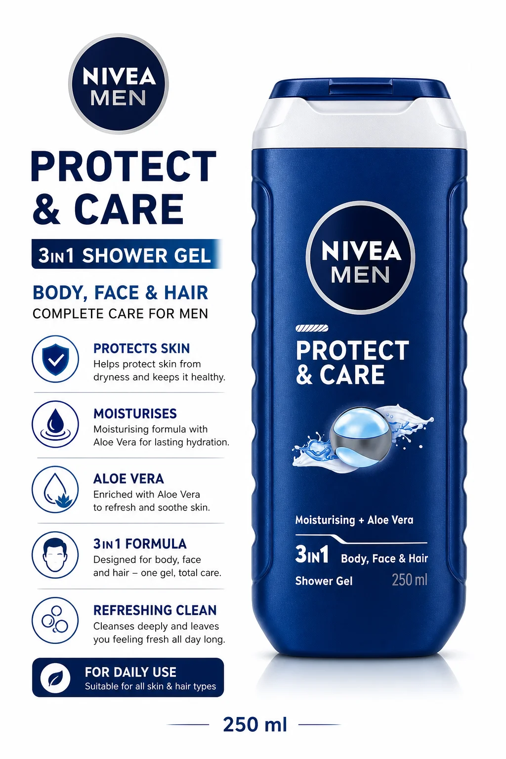 NIVEA MEN Protect & Care 3-in-1 Shower Gel – Body, Face & Hair | Aloe Vera | 250ml