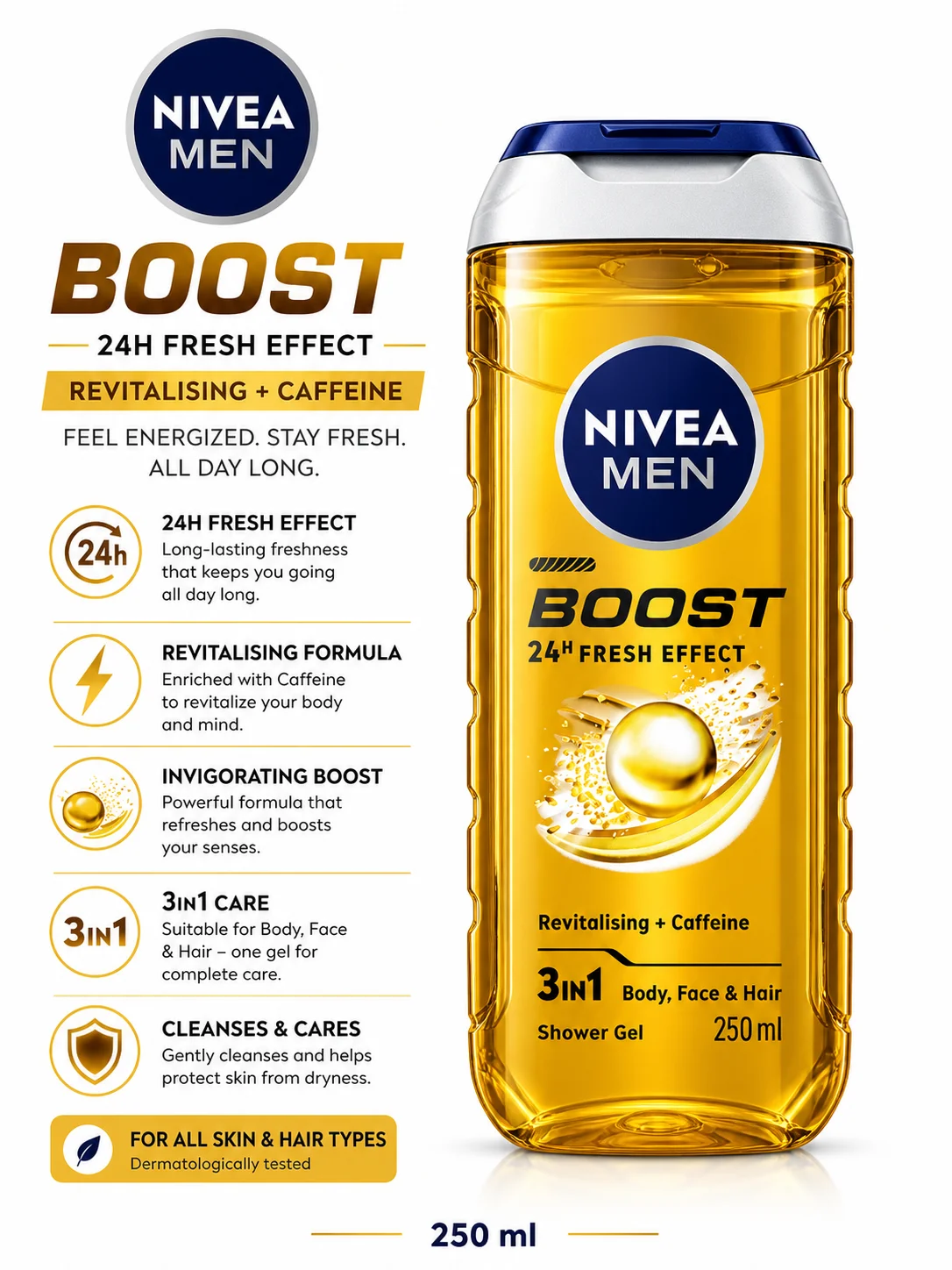 NIVEA MEN Boost 3-in-1 Shower Gel – 24H Fresh Effect | Revitalising Caffeine | 250ml