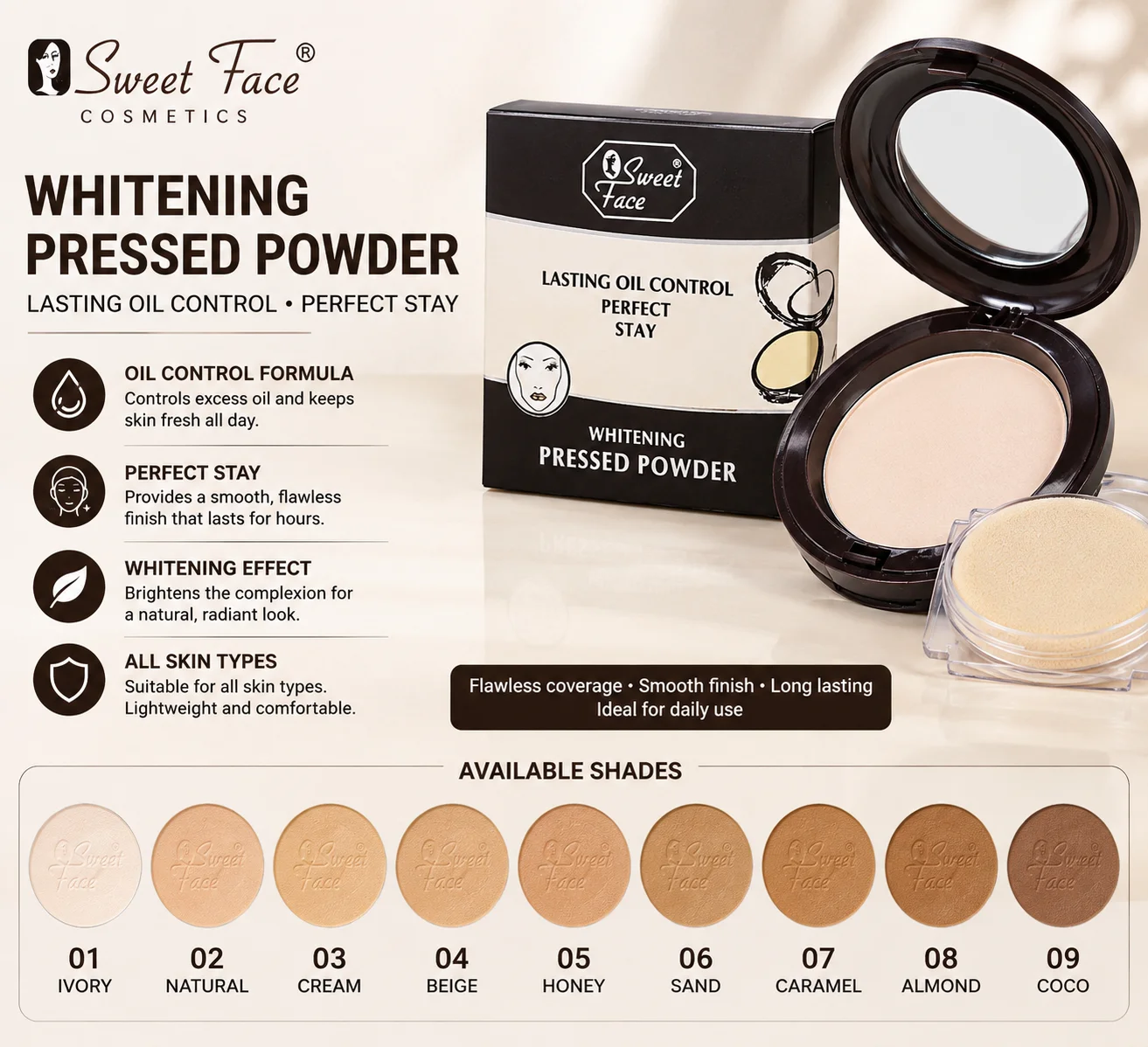 Sweet Face Whitening Pressed Powder – Oil Control & Perfect Stay