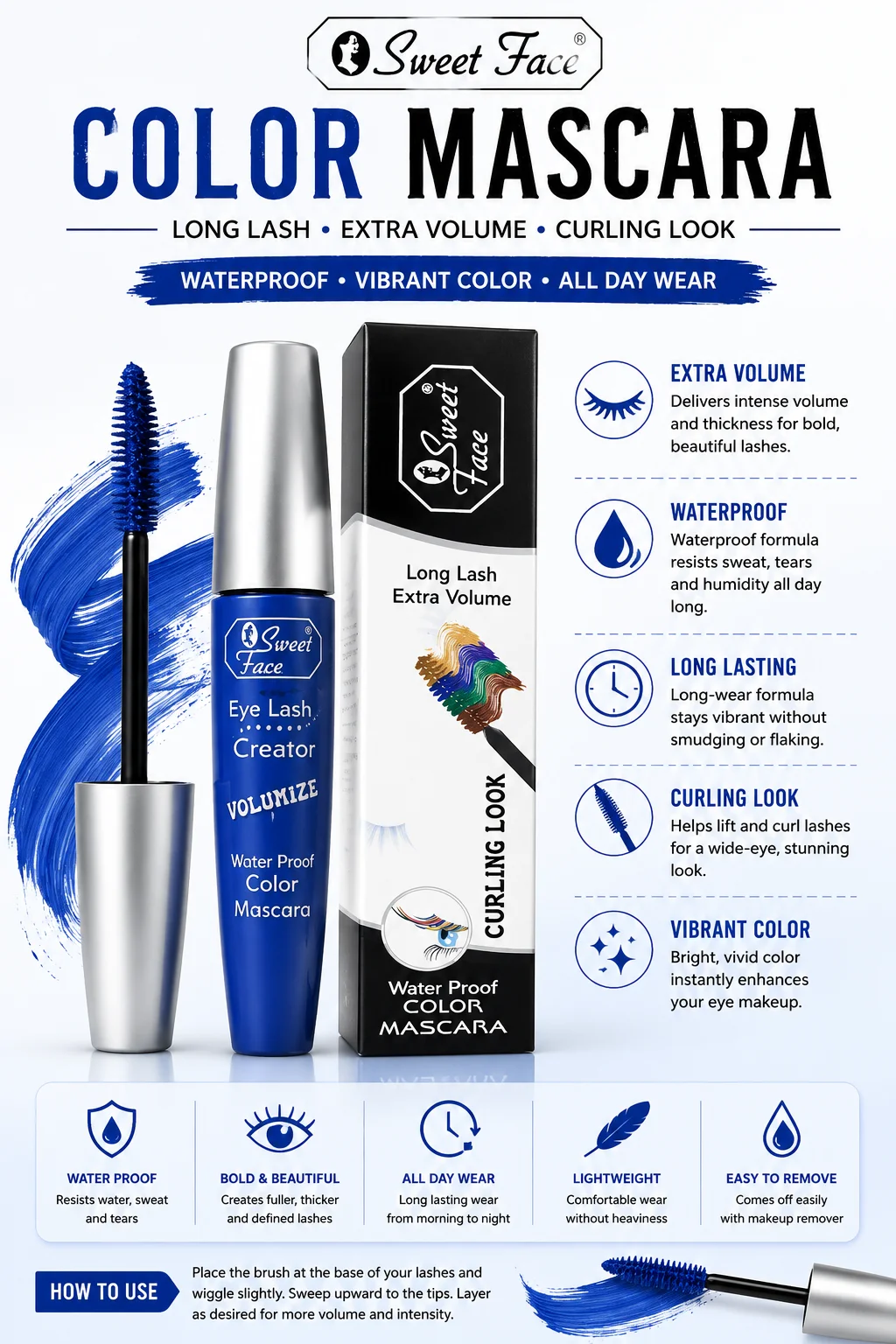 Sweet Face Color Mascara – Waterproof Volumizing Lash Creator
