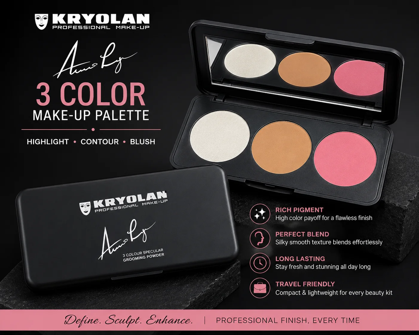 Kryolan Professional Makeup Palette – 3 Color Grooming Powder Kit