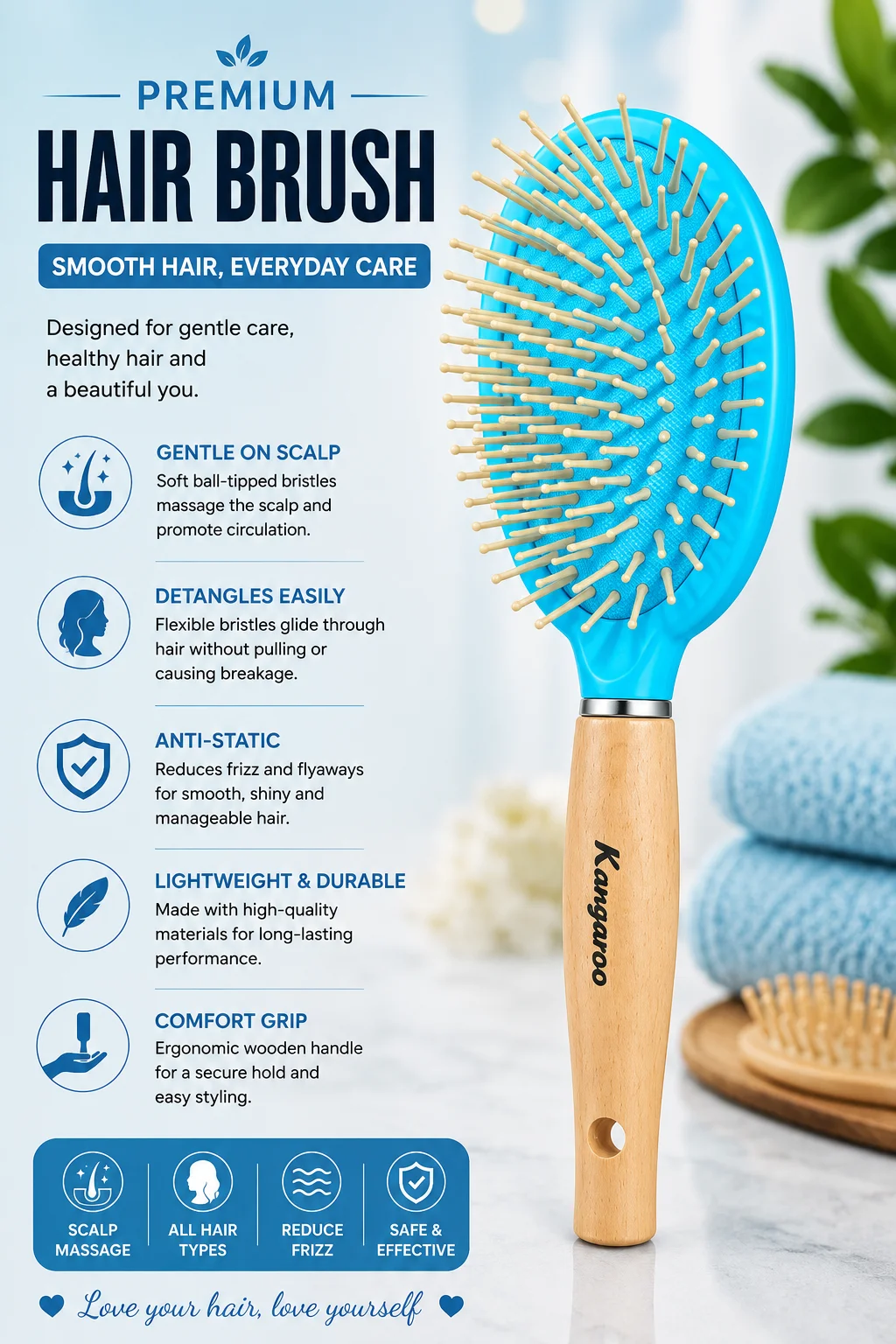 Premium Wooden Handle Hair Brush – Gentle Detangling & Scalp Massage Brush