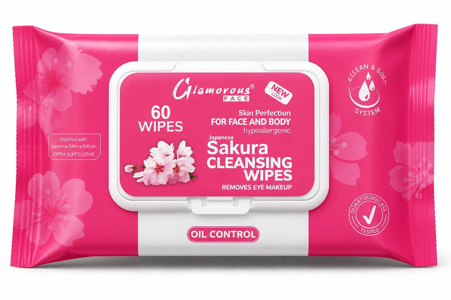 Glamorous Face Sakura Cleansing Wipes – Oil Control (60 Wipes)