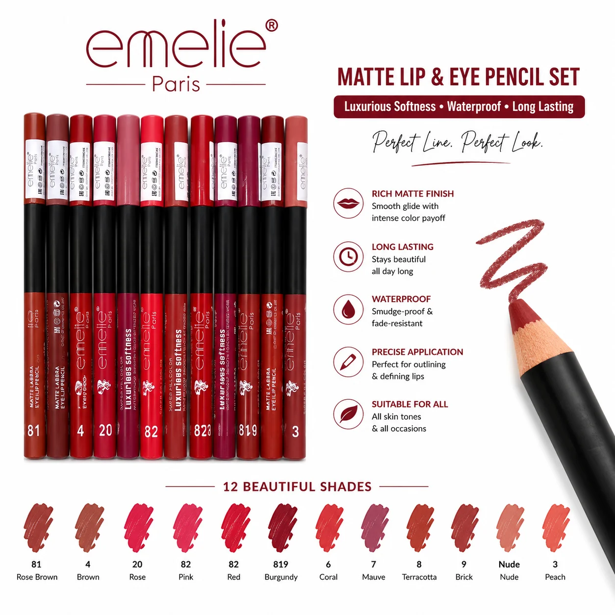 Emelie Paris Matte Lip & Eye Pencil Set – 12 Long Lasting Waterproof Shades