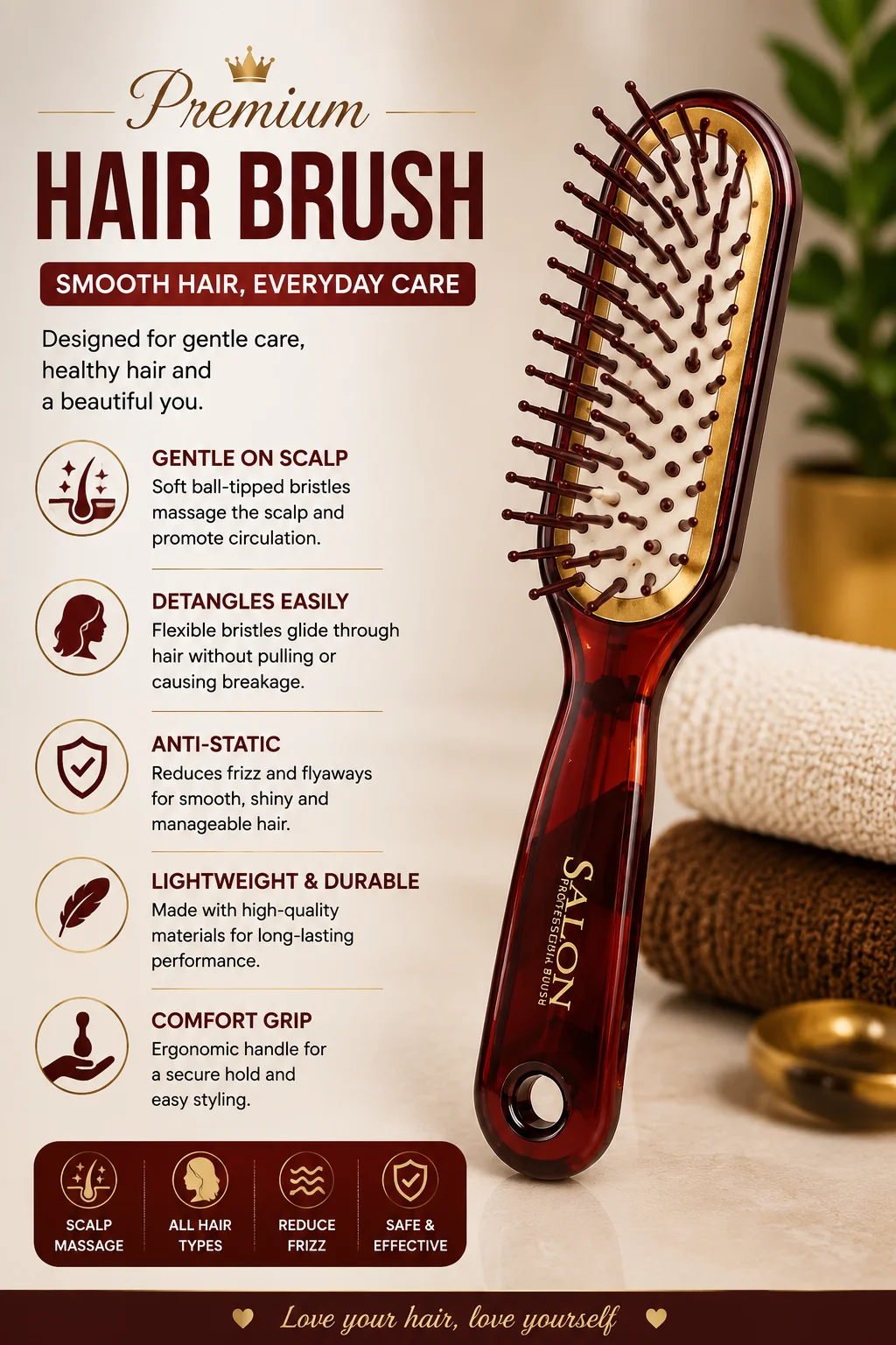 Salon Professional Hair Brush – Compact Detangling & Anti-Frizz Brush