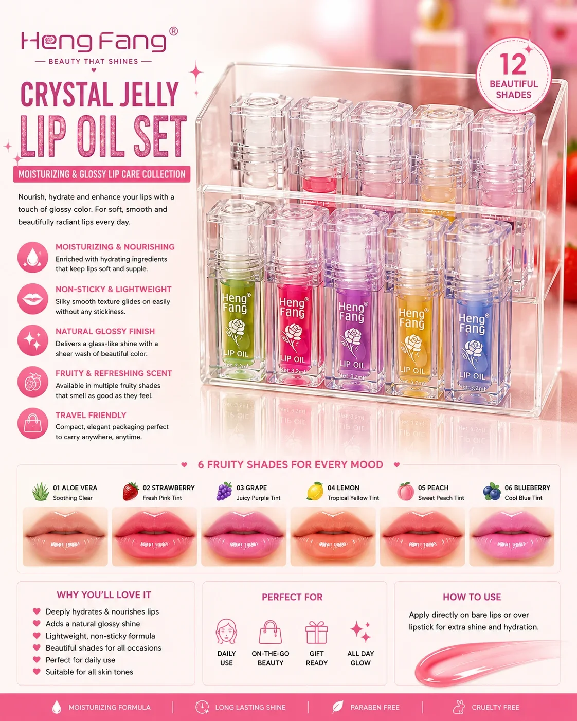 Heng Fang Crystal Jelly Lip Oil Set – Moisturizing & Glossy Lip Care Collection